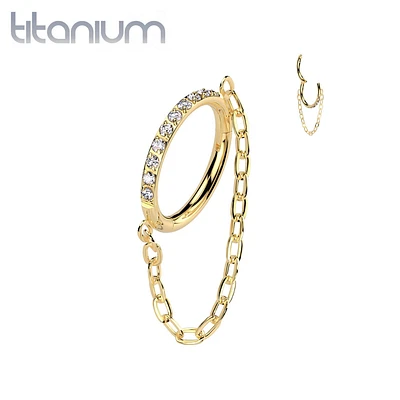 Implant Grade Titanium Gold PVD White CZ Pave Chain Dangle Hinged Clicked Hoop