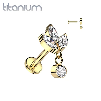 Implant Grade Titanium Gold PVD Triple Petal Flower White CZ Gem Dangle Flat Back Labret