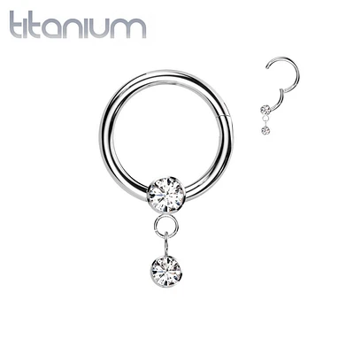 Implant Grade Titanium White CZ Bezel Dangle Hinged Clicker Hoop