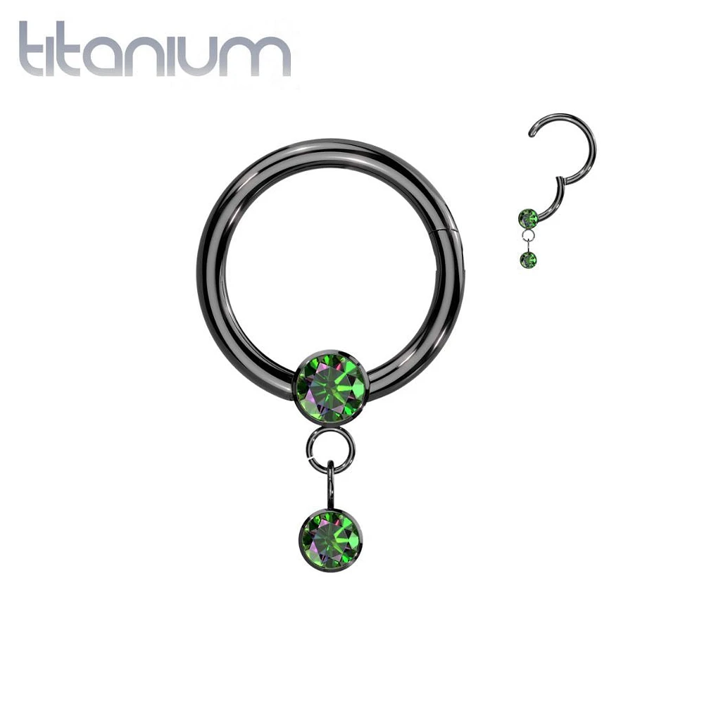 Implant Grade Titanium Black PVD Vitrail Medium CZ Bezel Dangle Hinged Clicker Hoop