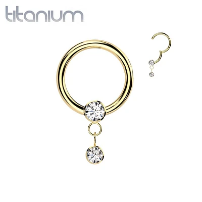 Implant Grade Titanium Gold PVD White CZ Bezel Dangle Hinged Clicker Hoop