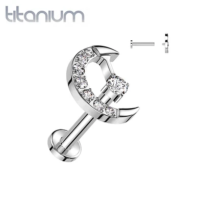 Implant Grade Titanium White CZ Internally Threaded Crescent Moon Labret Flat Back