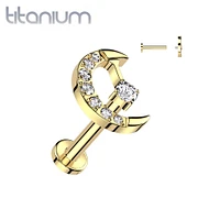 Titanium Gold PVD White CZ Internally Threaded Crescent Moon Labret Flat Back