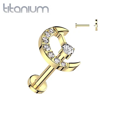 Titanium Gold PVD White CZ Internally Threaded Crescent Moon Labret Flat Back