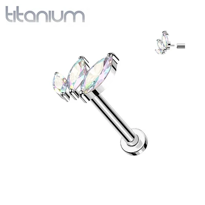 Implant Grade Titanium Aurora Borealis Triple Marquise CZ Curved Threadless Push In Labret