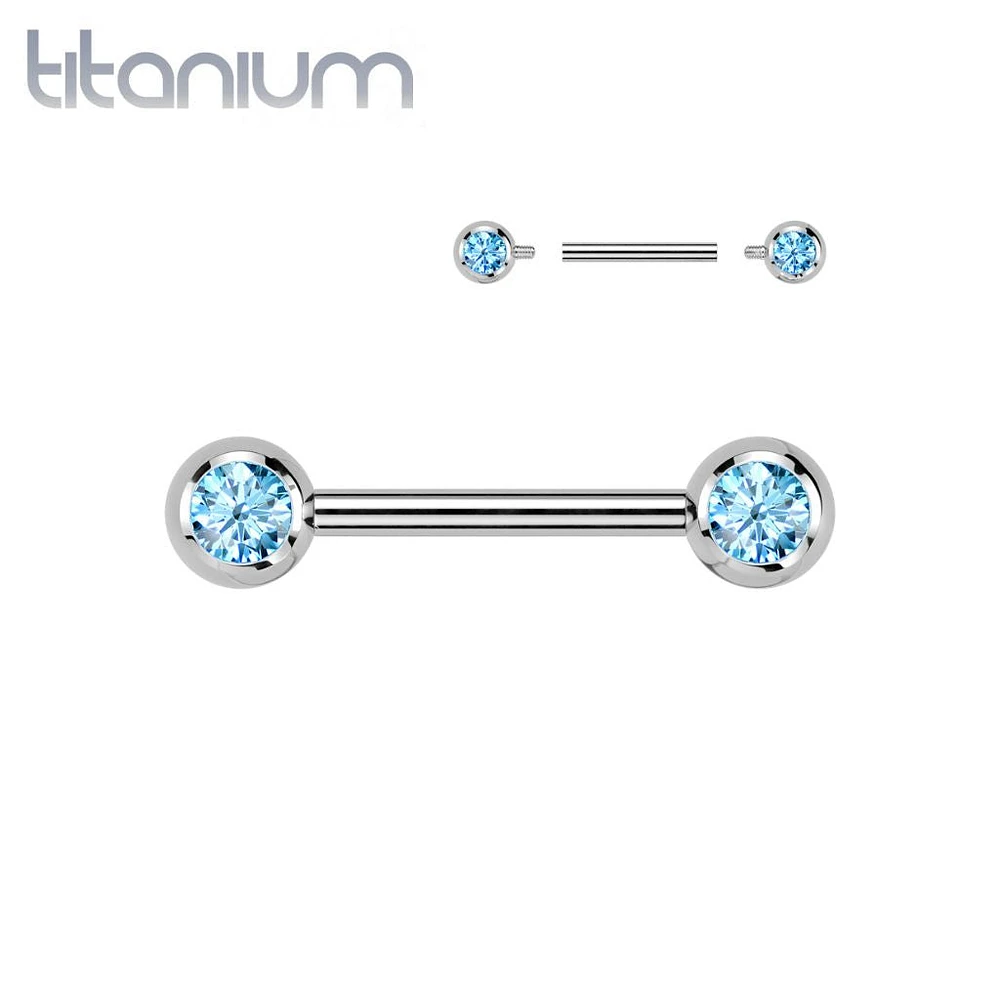 Titanium Internally Threaded Aqua CZ Ball Gem Nipple Ring