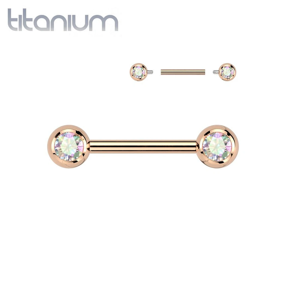 Titanium Internally Threaded Rose Gold PVD AB CZ Ball Gem Nipple Ring