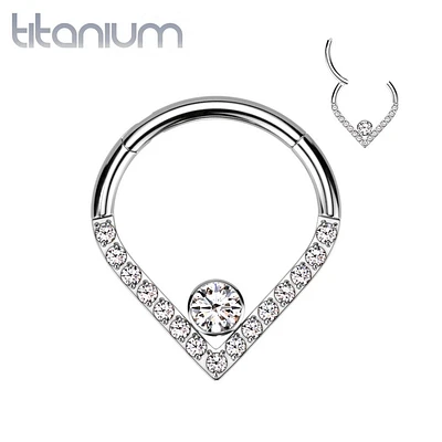 Implant Grade Titanium V Chevron with Single White CZ Hinged Clicker Hoop