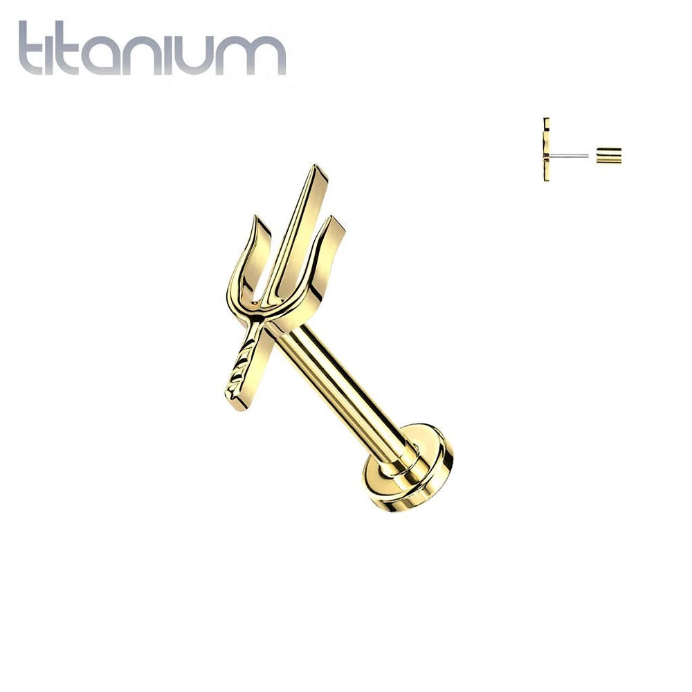 Implant Grade Titanium Gold PVD Threadless Push In Dainty Trident Top Labret With Flat Back