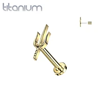 Implant Grade Titanium Gold PVD Threadless Push In Dainty Trident Top Labret With Flat Back