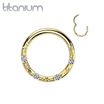 Implant Grade Titanium Gold PVD White CZ Studded Hinged Clicker Hoop