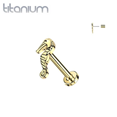 Implant Grade Titanium Gold PVD Threadless Push In Dainty Seahorse Top Labret With Flat Back