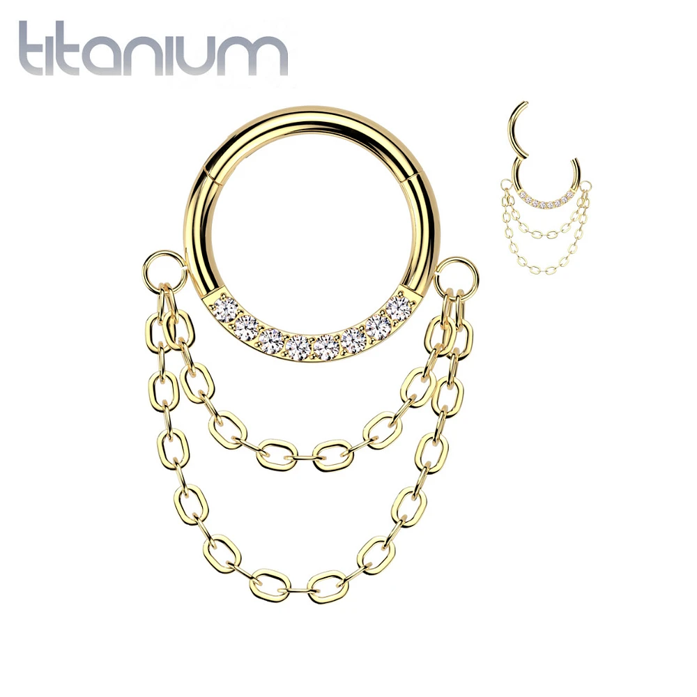 Implant Grade Titanium Gold PVD White CZ Chain Dangle Clicker Hoop