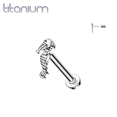 Implant Grade Titanium Threadless Push In Dainty Seahorse Top Labret With Flat Back