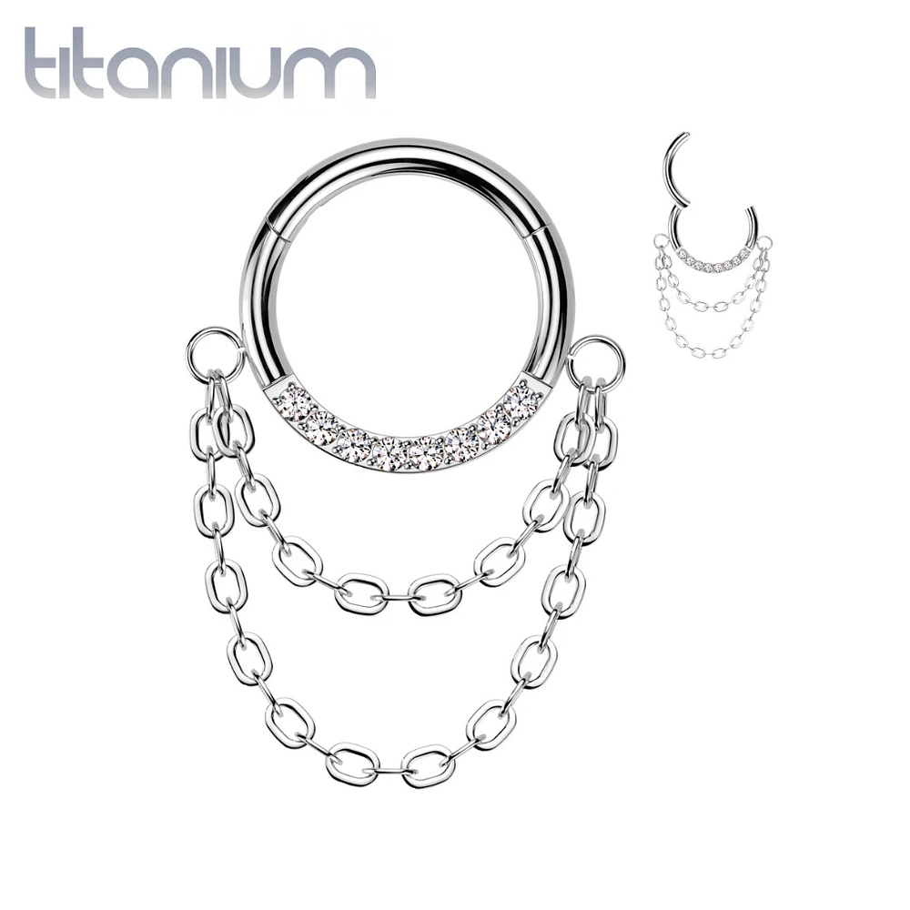 Implant Grade Titanium White CZ Chain Dangle Clicker Hoop