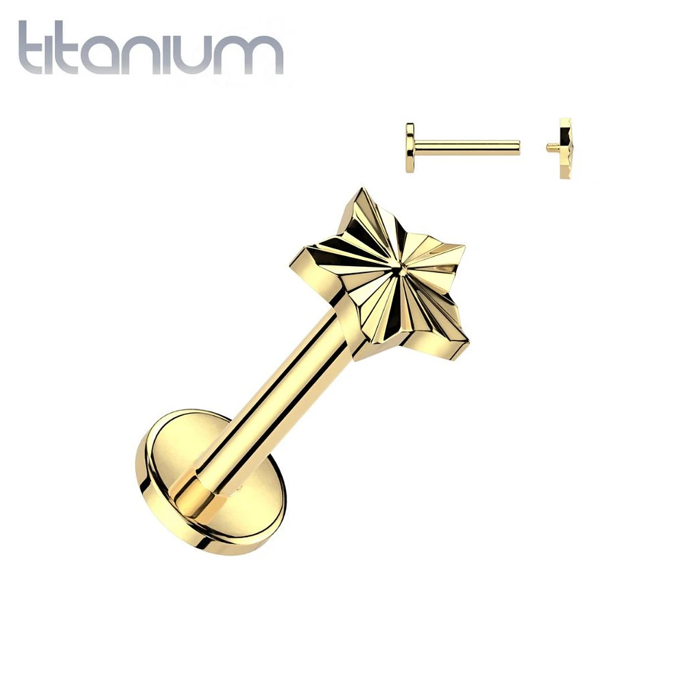 Implant Grade Titanium Gold PVD Internally Threaded Starburst Ridged Star Flat Back Labret