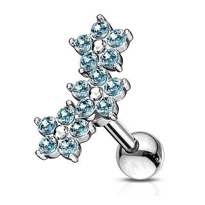 316L Surgical Steel 3 Flower Aqua CZ Cartilage Ring Barbell