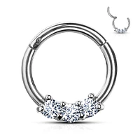 316L Surgical Steel 3 Gem White CZ Hinged Septum Ring Clicker
