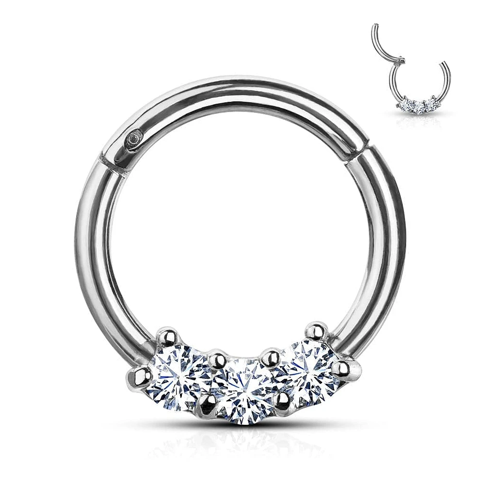 316L Surgical Steel 3 Gem White CZ Hinged Septum Ring Clicker