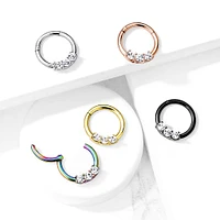 316L Surgical Steel 3 Gem White CZ Hinged Septum Ring Clicker