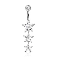 316L Surgical Steel 3 White CZ Flower Dangle Belly Ring