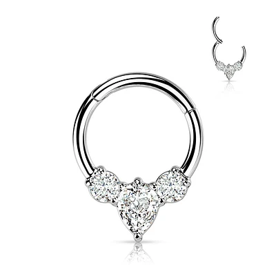 316L Surgical Steel 3 White CZ Gem Teardrop Dainty Septum Ring Hinged Clicker Hoop