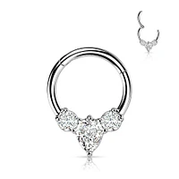 316L Surgical Steel 3 White CZ Gem Teardrop Dainty Septum Ring Hinged Clicker Hoop