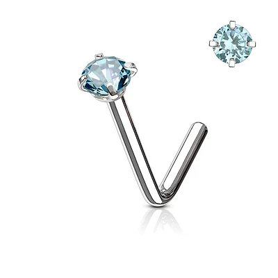 316L Surgical Steel Aqua CZ Gem Prong L Shape Nose Stud