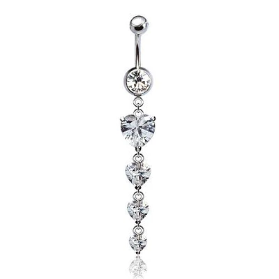 316L Surgical Steel 4 Heart CZ Gem Dangle Belly Ring