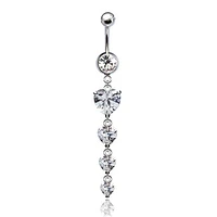 316L Surgical Steel 4 Heart CZ Gem Dangle Belly Ring