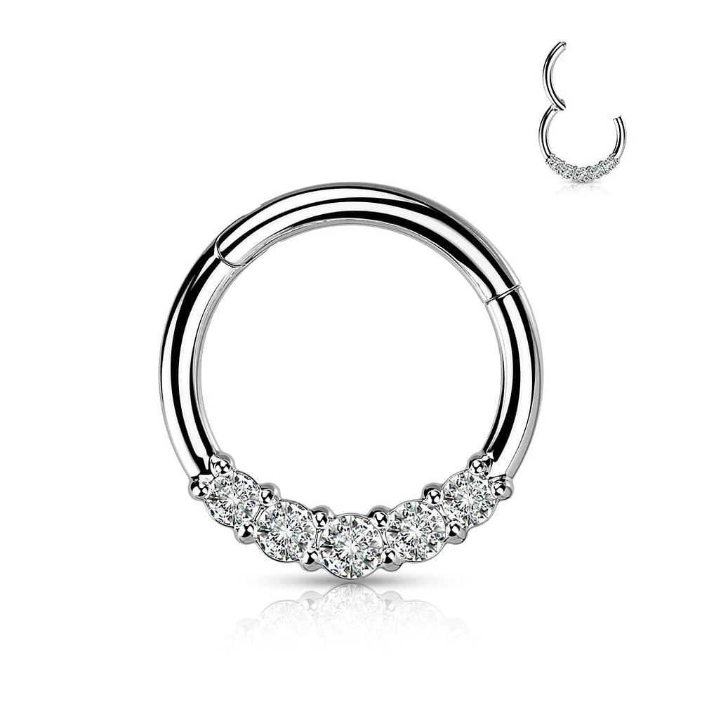 316L Surgical Steel 5 White CZ Gem Dainty Septum Ring Hinged Clicker Hoop