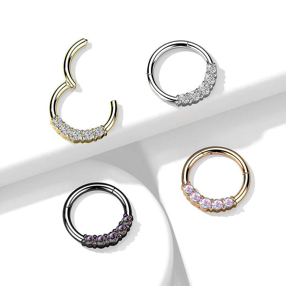 316L Surgical Steel 5 White CZ Gem Dainty Septum Ring Hinged Clicker Hoop