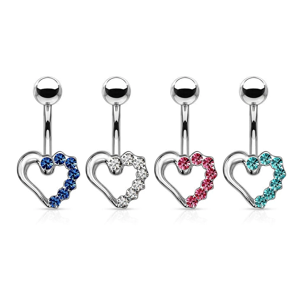 316L Surgical Steel Aqua CZ Heart Outline Stud Belly Ring