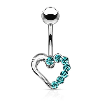 316L Surgical Steel Aqua CZ Heart Outline Stud Belly Ring