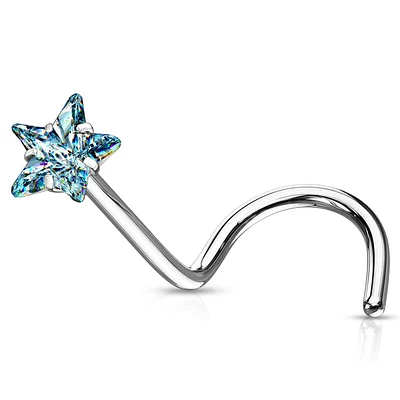 316L Surgical Steel Aqua CZ Star Corkscrew Nose Ring Stud