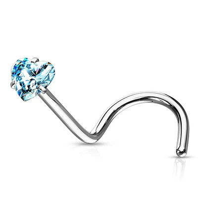 316L Surgical Steel Aqua Heart CZ Corkscrew Nose Pin Ring