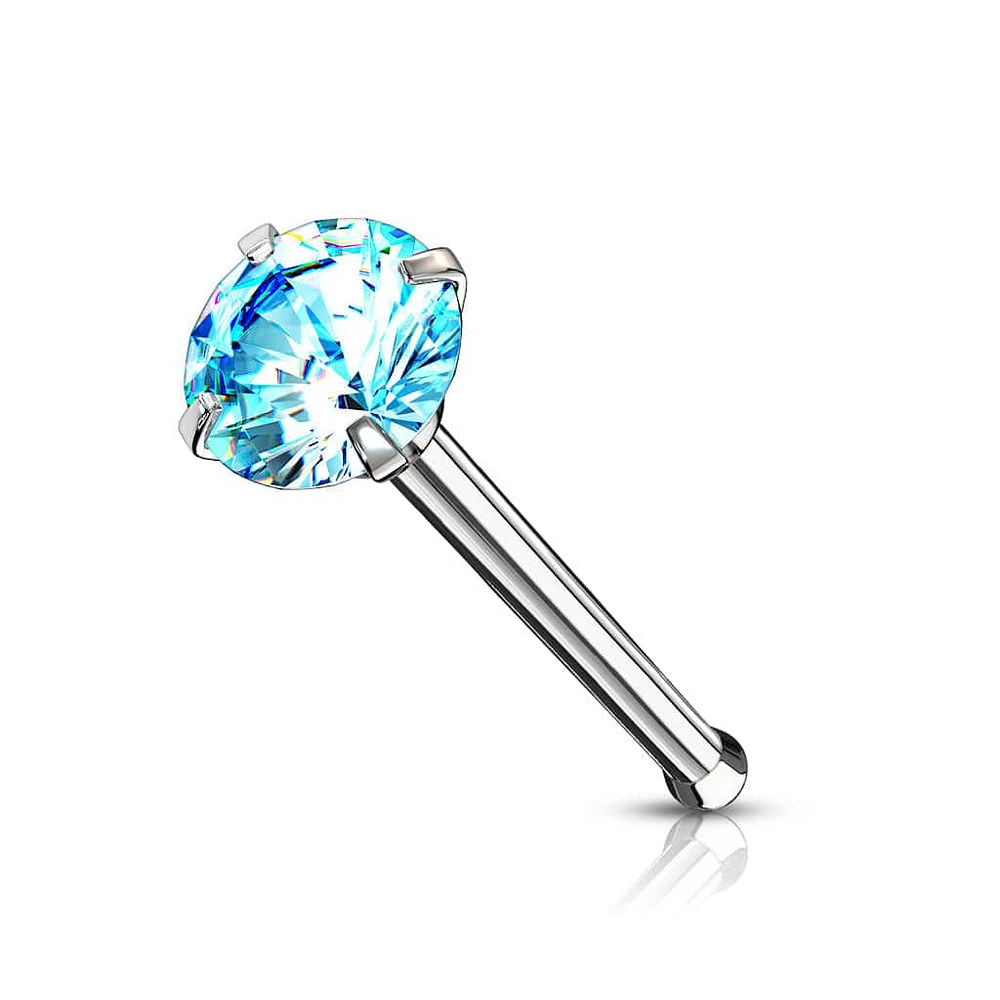 316L Surgical Steel Aqua Round CZ Prong Gem Ball End Nose Ring Stud