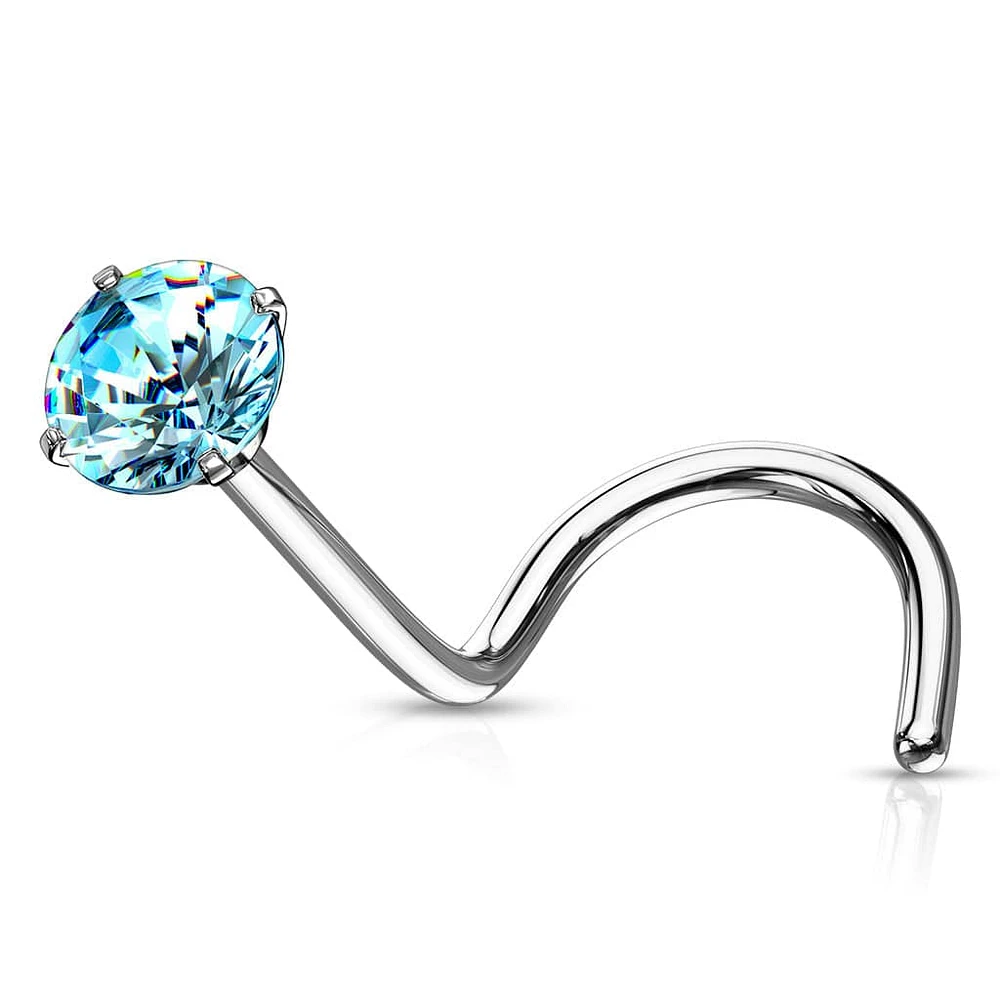 316L Surgical Steel Aqua Round CZ Prong Gem Corkscrew Nose Ring Stud