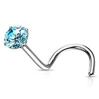 316L Surgical Steel Aqua Round CZ Prong Gem Corkscrew Nose Ring Stud