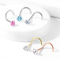 316L Surgical Steel Aqua Square CZ Gem Corkscrew Nose Ring Stud