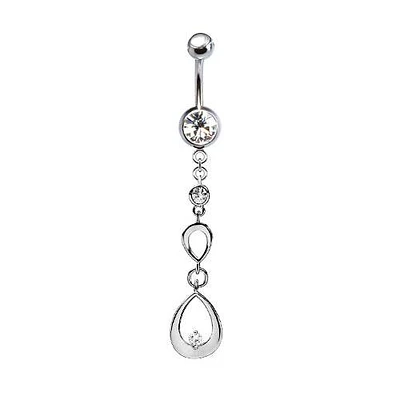 316L Surgical Steel Ascending Double Teardrop CZ Gem Dangle Belly Ring