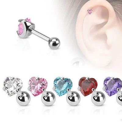 316L Surgical Steel Ball Back CZ Prong Gem Heart Cartilage Ring