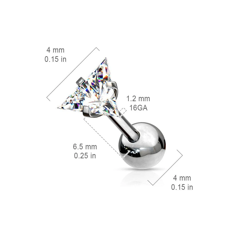 316L Surgical Steel Ball Back Prong White Triangle CZ Cartilage Ring Stud
