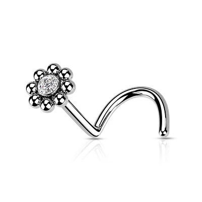 316L Surgical Steel Ball White CZ Gem Flower Corkscrew Nose Ring Stud