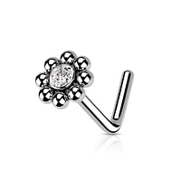 316L Surgical Steel Ball White CZ Gem Flower L-Shape Nose Ring Stud