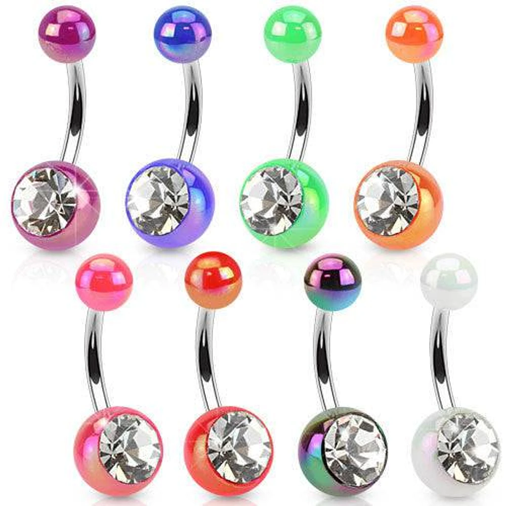 316L Surgical Steel Bar with Shine Acrylic Balls Clear Crystal CZ Gem