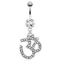 316L Surgical Steel Belly Button Navel Ring Dangling Hindu All CZ Ohm Symbol