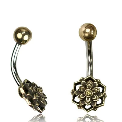 316L Surgical Steel Belly Ring Bar with 3D Brass Lotus Flower