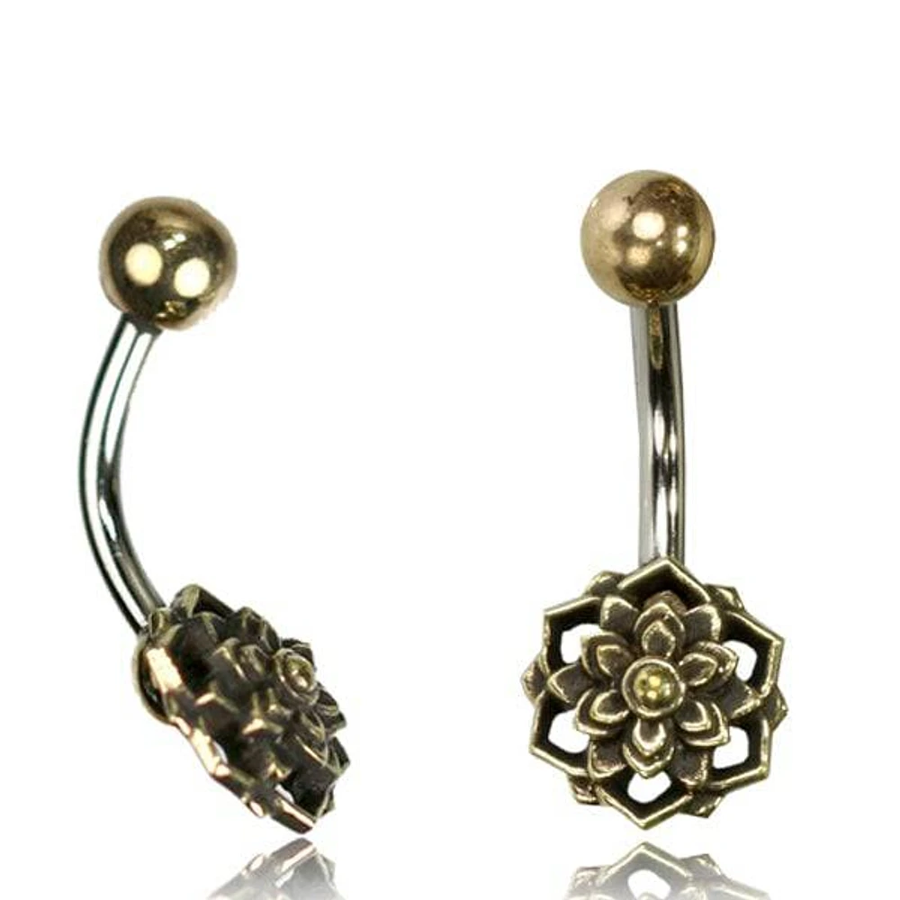 316L Surgical Steel Belly Ring Bar with 3D Brass Lotus Flower