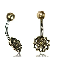 316L Surgical Steel Belly Ring Bar with 3D Brass Lotus Flower